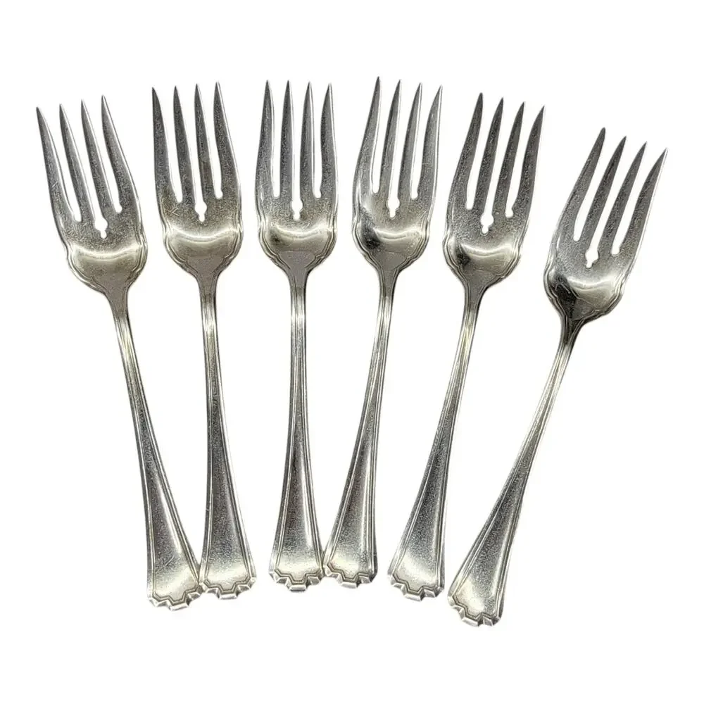 R.C.CO Vintage Silverplate Salad Forks 6 Pc Set Art Deco Stepped Handle